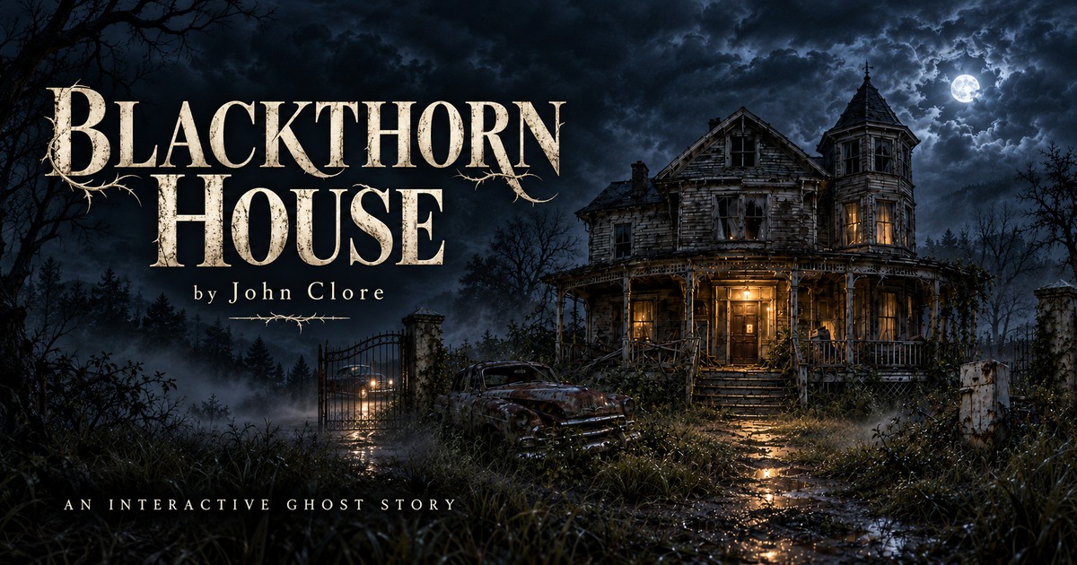 Blackthorn House title artwork with a haunted Victorian house