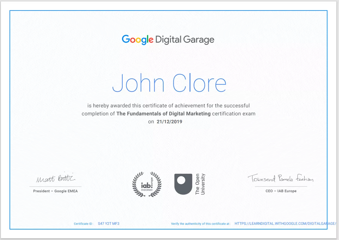 John Clore’s Fundamentals of Digital Marketing certificate from Google Digital Garage