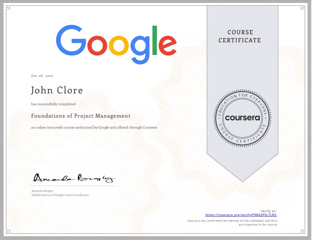 John Clore’s Foundations of Project Management course certificate from Google