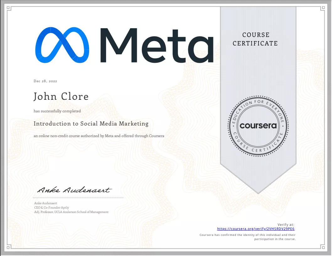 John Clore’s Introduction to Social Media Marketing course certificate from Meta