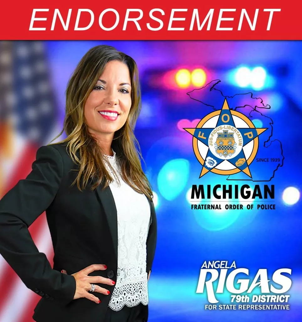 Angela Rigas campaign endorsement graphic by John Clore featuring the Michigan Fraternal Order of Police