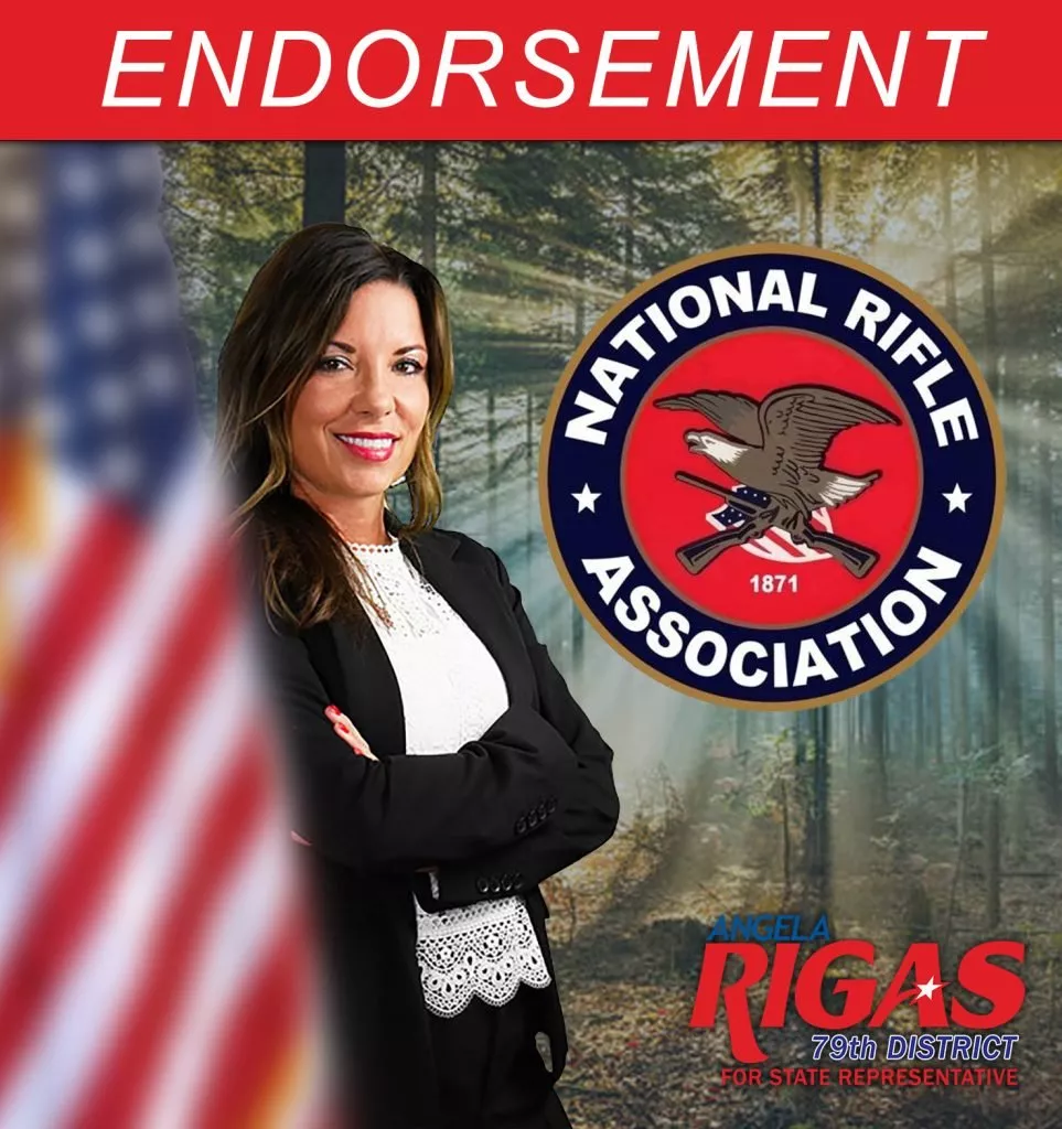 Angela Rigas campaign endorsement graphic by John Clore featuring the National Rifle Association