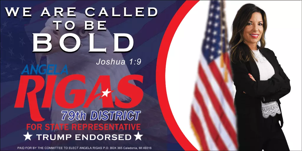 Angela Rigas social media campaign banner by John Clore with a portrait, American flag and campaign slogan