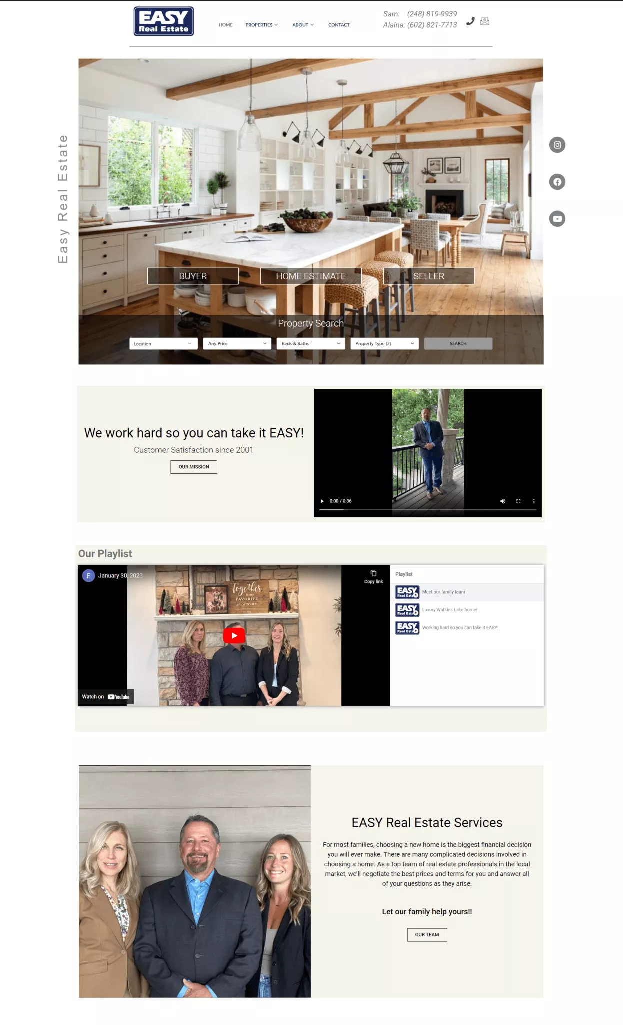 Full Easy Real Estate website design by John Clore, featuring property images, videos and team information