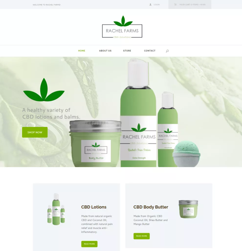 Rachel Farms website by John Clore, with green leaf branding and product photography