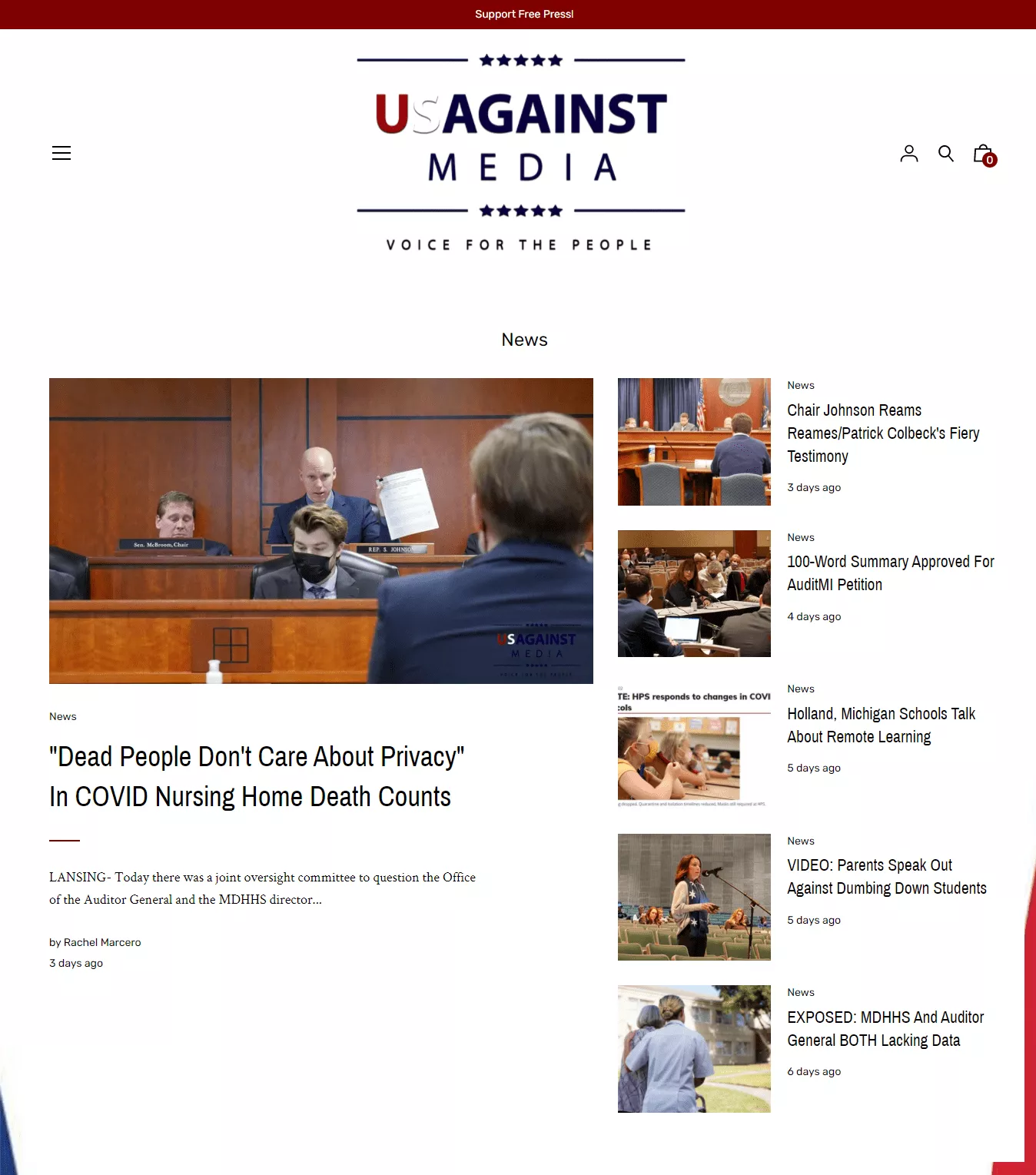Us Against Media news website by John Clore, featuring article listings and courtroom coverage