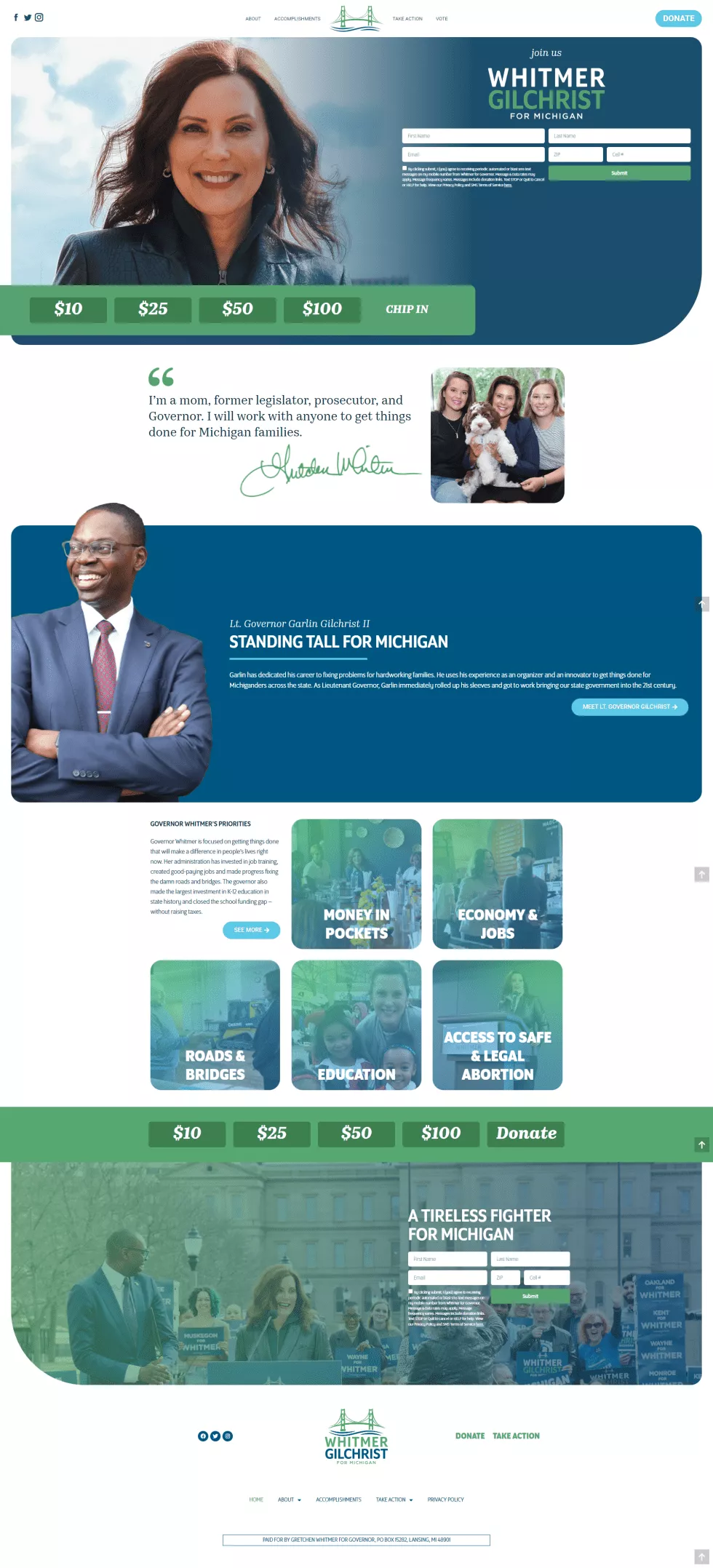 Gretchen Whitmer campaign website screenshot presented as a design reference for the Randy Bishop project
